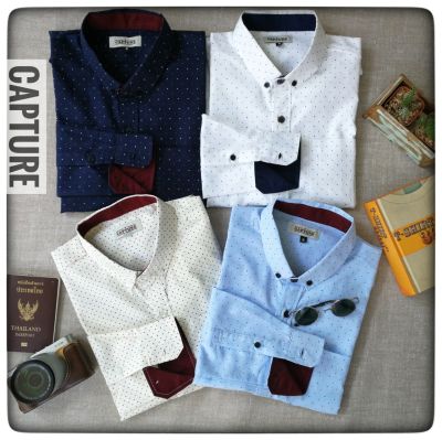 Capture Shirt เสื้อเชิ้ตผู้ชาย แขนยาว คอปก ลายจุดสองสี มีถึงอก 48 นิ้ว