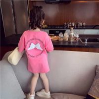 Ready Stock Promotion Girls Short-Sleeved T-Shirt Baby Girl Dress Cute Cartoon Pattern Wings Childrens Mid-Length T-