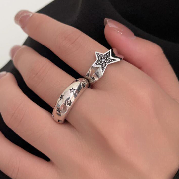 เทรนด์เครื่องประดับ-y2k-พังค์เครื่องประดับเด็กผู้หญิงวินเทจปรับได้แหวนใส่นิ้วผู้หญิงแหวนดาวห้าแฉกเครื่องประดับพังก์