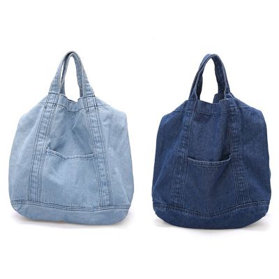 2Pcs Denim Slouch Bag Casual Jean Fabric Handbag Leisure Korean Style Fashion Japanese Fashion Messenger Top-Handle Bag - Sky Bl