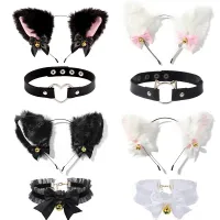 【small chrysanthemum】2pcs Cat Ear Bow Headband Necklace Cosplay Rabbit Ear Plush Bell Hairband Women Girl Party Headwear Hair Accessories for Cosplay