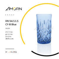 AMORN - KN 94/13.5 CY-B Blue - แก้วน้ำ แฮนด์เมด ทรงกระบอก ลายเจียระไน สีน้ำเงิน ลาย B