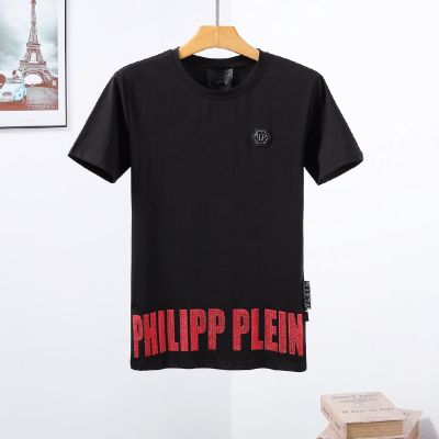 ❥(^_-) PP ผู้ชายแขนสั้น Rhinestone เสื้อยืด Shining Philipp Plein รูปแบบผ้าฝ้ายคอรอบคอ TEE Street Wear