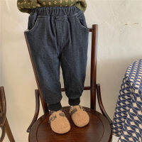 Korean style winter children plush velvet elasticity jeans 2-6 years boys girls loose thicken warm denim jogger pants