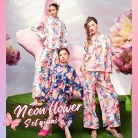 THONGYOY-Set qipao Neon Flower ชุดจีนกี่เพ้าลายดอกสีสวยสดใส ชุดออกงาน ชุดกางเกงคอจีน