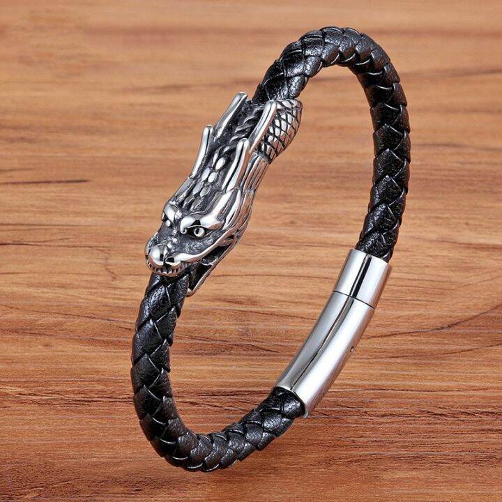 bangle-braided-black-cuff-stainless-steel-jewelry-dragon-head-bracelet-bracelet