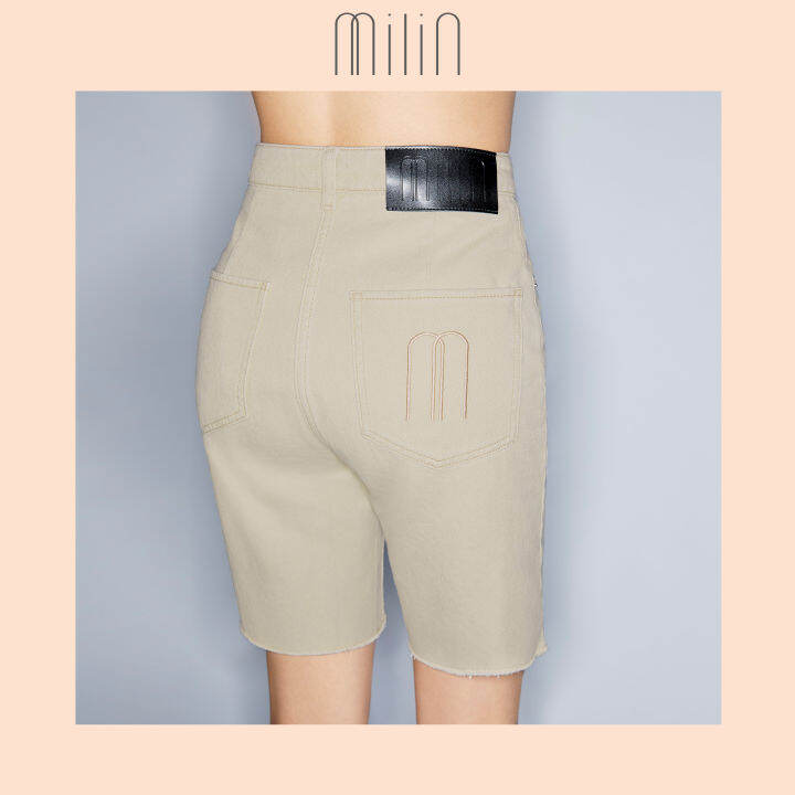 milin-high-rise-with-belt-hoops-denim-กางเกงยีนส์ขาสั้น-bermuda-slit-shorts-beige