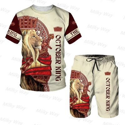 Mens Summer Tracksuit King Lions Print T-Shirt Shorts Set Casual Outfit Outdoor Suit Oversized Clothing Male Fashion Streetwear