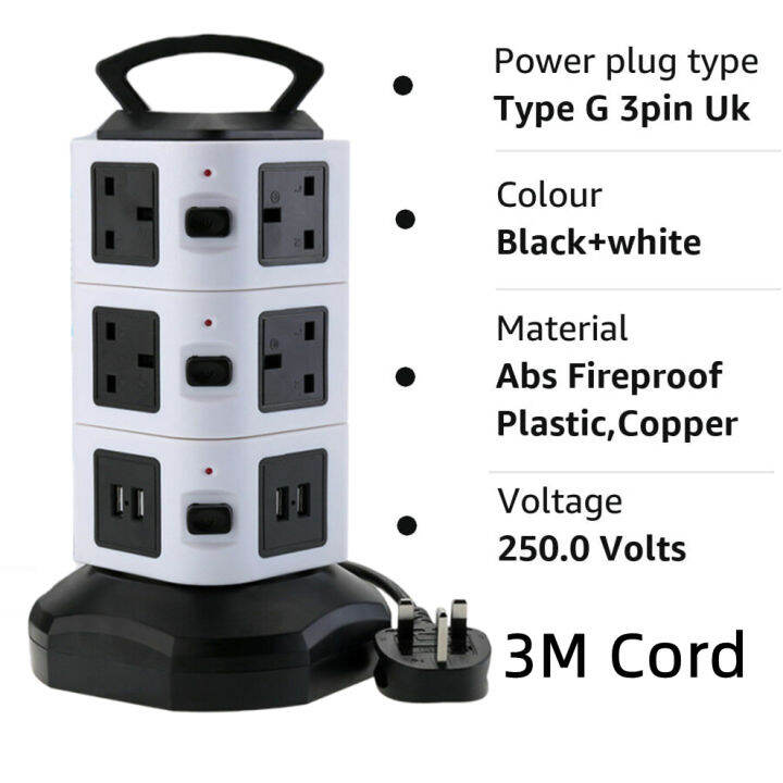 3 Pin UK Plug Vertical Power Strip Tower 3M Extension Cord with 4 USB