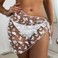 FN946N Womens Swimsuit Cover Up Butterfly Appliques Beach Tie Side Wrap Mini Skirt Boho Sheer Mesh Short Sarong Summer Bikini