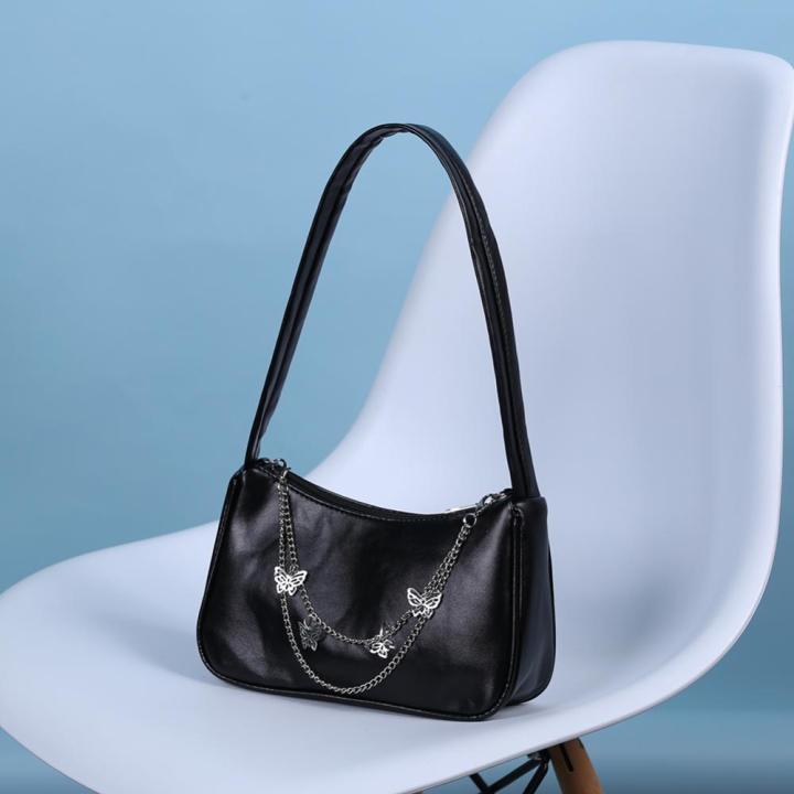 กระเป๋าเงินใบเล็กมีสายโซ่รูปผีเสื้อกระเป๋าแบบหนีบแขนแฟชั่นสำหรับผู้หญิง-สีดำ