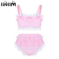 Mens Sissy Fun Lingerie Set Ruffled Lace Sheer Chiffon Sleeveless Crop Top with Skirted Panties Nightwear Male y Underwear