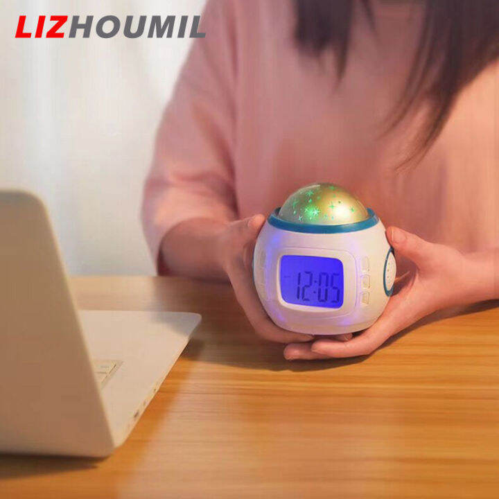 lizhoumil-เพลงในฝันเครื่องฉายท้องฟ้าที่เต็มไปด้วยดวงดาวการฉายนาฬิกาปลุกไฟตั้งโต๊ะสำหรับกลางคืนของขวัญนาฬิกาแบบมีวันที่เด็ก