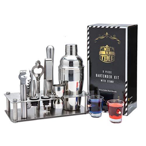 Be Creative with our Mixology Bartender Kit 11 Piece Stainless Steel Cocktail Shaker Set Mix-N-Time Bar Tool Set with Two Bullet Shot Glasses This Bar Set is Perfect for Gifts and a Home Bar 
