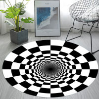 Black White Plaid 3D Round Carpet 3D Stereo Visual Vortex Bottomless Hole Area Rug Non Slip Floor Mat for Home Living Room Decor