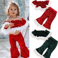 1 6Y Baby Girls Christmas Clothes Sets Cosplay Santa Claus Fur Sequined Short Sleeve Off Shoulder Tops with Pants Kids Costume