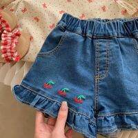 Spot parcel post2023 Summer Cherry Embroidery Lace Denim Shorts Baby Girl Fashion and Trendy Style ins