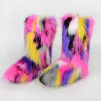 Fluffy Faux Fur Boots for Women Furry Fuzzy Snow Boots Winter Warm Comfortable Mid-calf Boot Outdoor Flat Shoes