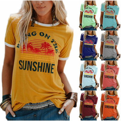 New Womens T-Shirt Bring On The Sunshine Letter Print Top Tees O Neck Short Sleeve Casual T Shirt