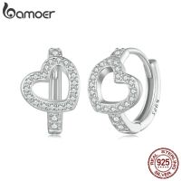 Bamoer 925 Sterling Silver Dazzling Heart Ear Buckles Design Hoop Earrings for Women Girls Birthday Fine Jewelry