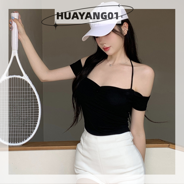 huayang01-2023แฟชั่นสุดฮอตสำหรับผู้หญิง-เสื้อยืดแขนสั้นสุดเซ็กซี่เสื้อคล้องคอปิดไหล่เสื้อครอปทรงสลิมสีทึบ