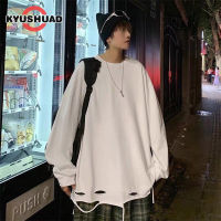 KYUSHUAD เสื้อยืดแขนยาวผู้ชายเสื้อกล้ามสีขาวตัดขอบผู้ชายเทรนด์สูงเสื้อกีฬาแขนยาวใส่เดินถนนหลวมใต้แขนยาว