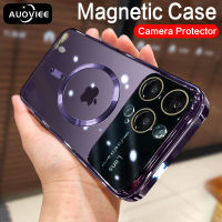 AUOVIEE เคสชาร์จไร้สายแม่เหล็กใสหรูหราสำหรับ Magsafe สำหรับ iPhone 14 13 12 11 Pro Max 14Plus เคสซิลิโคนแบบนิ่มชุบ