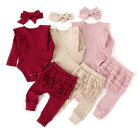 Baby Girls Bodysuits Clothes Solid Ruffle Toddler Infant Bodysuits Pants Headbands