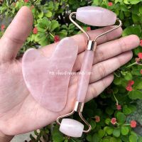 Rose quartz facial roller and Guasha ลูกกลิ้งโรสควอตซ์ ลูกกลิ้งนวดหน้า กัวซาโรสควอตซ์ กัวซาหยก หินกัวซา หินนวดหน้า โรสควอตซ์แท้