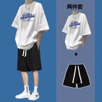 【July hot】 Printed short-sleeved t-shirt mens summer loose set with handsome ins tide brand boys clothes suit