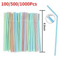 100/500/1000Pcs Plastic Drinking Straws For Bar Party Disposable Kitchenware Multi-colored Striped Bedable Cocktail Straw