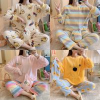 Ladies winter new warm casual pajamas flannel soft home service cute cartoon round neck suit can be worn outside pajamas