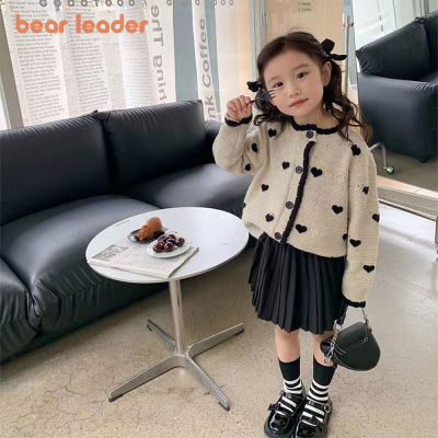 Bear Leader 2023แจ็คเก็ตเสื้อกันหนาวหวานแหววสำหรับเด็กผู้หญิงฤดูใบไม้ผลิฤดูใบไม้ร่วงเด็กใหม่คอลูกไม้เสื้อคาร์ดิแกนแขนยาวถักนิตติ้งสุดรักสำหรับ2-7ปี