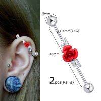 2pcs Industrial Barbell Earrings Rose Flower 38mm Length 14g