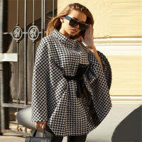 (ร้อน) สตรี Houndstooth เคปเสื้อเก๋ฤดูใบไม้ร่วงฤดูหนาวที่อบอุ่นคอเต่าผูกขึ้นไม่สมมาตรผ้าคลุมไหล่ P Oncho P Ullovers ชุด