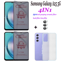 (4in1) Samsung Galaxy A25ฟิล์มกระจกเทมเปอร์กันแอบดู5G A23 Samsung ฟิล์มปกป้องหน้าจอกระจกเทมเปอร์แบบเต็มหน้าจอ2ชิ้น + ฟิล์มด้านหลัง + ฟิล์มเลนส์