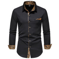 Mens Slim Long Sleeve Button Up Dress Shirts Hipster Patchwork Leopard Print Shirt Men Party Business Casual Social Shirt Male