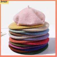 BRAIN สีทึบ หมวก ฤดูหนาวที่อบอุ่น หมวกเบเร่ต์ผ้าวูล หมวกเบเร่ต์สักหลาด หมวกแก๊ปแบน หมวกเบเร่ต์ฤดูใบไม้ร่วง