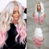 △☄✜ Emmor Ombre White Pink Wig Synthetic Wavy Wigs no Bangs for Women Daily Cosplay Party Lolita Use Heat Resistant Fiber Hair Wig