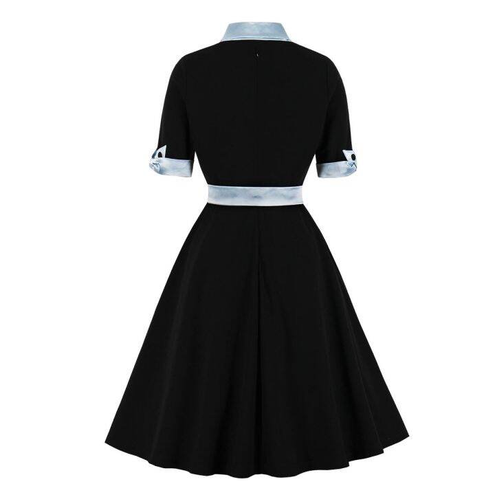 hot11-women-vintage-bow-v-neck-dress-retro-rockabilly-2023-tail-party-1950s-40s-swing-dress-summer-dress-short-sleeves