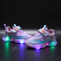 Frozen Princess Elsa Mesh Sneaker Girls Sports Shoes 13-19cm Children Soft Soled Casual Shoes LED Shoes