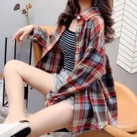 ✺♦❁ Contrast Color Checked Long-Sleeved Shirt Vintage Hong Kong Style chic Brushed Casual Fashion Cardigan Outer Top