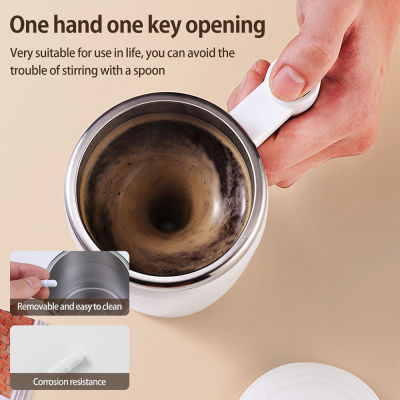 ZIR แก้วกาแฟสามารถชาร์จได้อัตโนมัติถ้วยปั่น380มล.,[304สแตนเลส] พร้อมไม้คนถ้วยปั่นสแตนเลสถ้วยผสมเองอัตโนมัติ