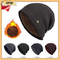 YANGU กลางแจ้ง ของแข็ง Gorros ผ้าฟลีซซับใน หนา หมวกหัวกะโหลก หมวกถักสาย หมวกบีนนี่ผู้ชาย หมวกอุ่นฤดูหนาว