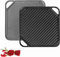 LovoIn 1-Piece 10.62 inch Cast Iron Griddle Plate | กระทะย่างเหล็กหล่อสี่เหลี่ยมกลับด้านได้สำหรับเตาเดี่ยว | สองด้านใช้กับไฟเปิด &amp; ในเตาอบ | Pre-Seasoned | เตาย่างเหล็กหล่ออเนกประสงค์