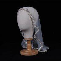 Welony ślubne White Ivory Short Pearls Veils Short Face Cover Blusher Veil Beaded Edge Voile Mariage Round Bridal Headwear