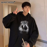 MAYCHEER   สเวตเตอร์สวมศีรษะลายพิมพ์ผู้ชาย Ins เสื้อฮู้ดผ้ากำมะหยี่