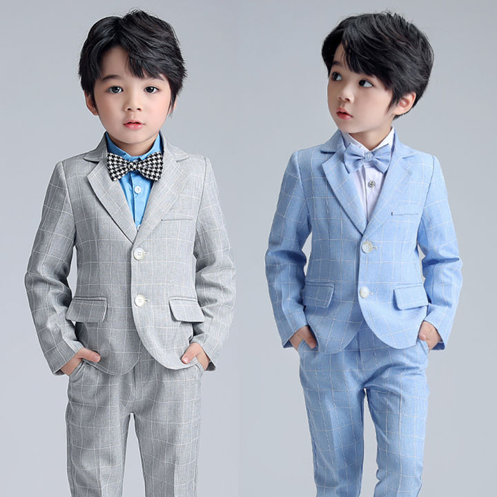 lontakids Kids Boys Formal Suit Long Sleeve Grey Blue Plaid Tuxedo Set ...