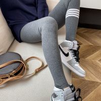 [COD] knitted leggings womens high waist thin section gray striped tight four-bar