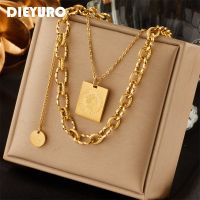 DIEYURO 316L Stainless Steel Gold Color 2 Layer Square Coin Portrait Necklace For Women Hip Hop Punk Street Girls Jewelry Bijoux